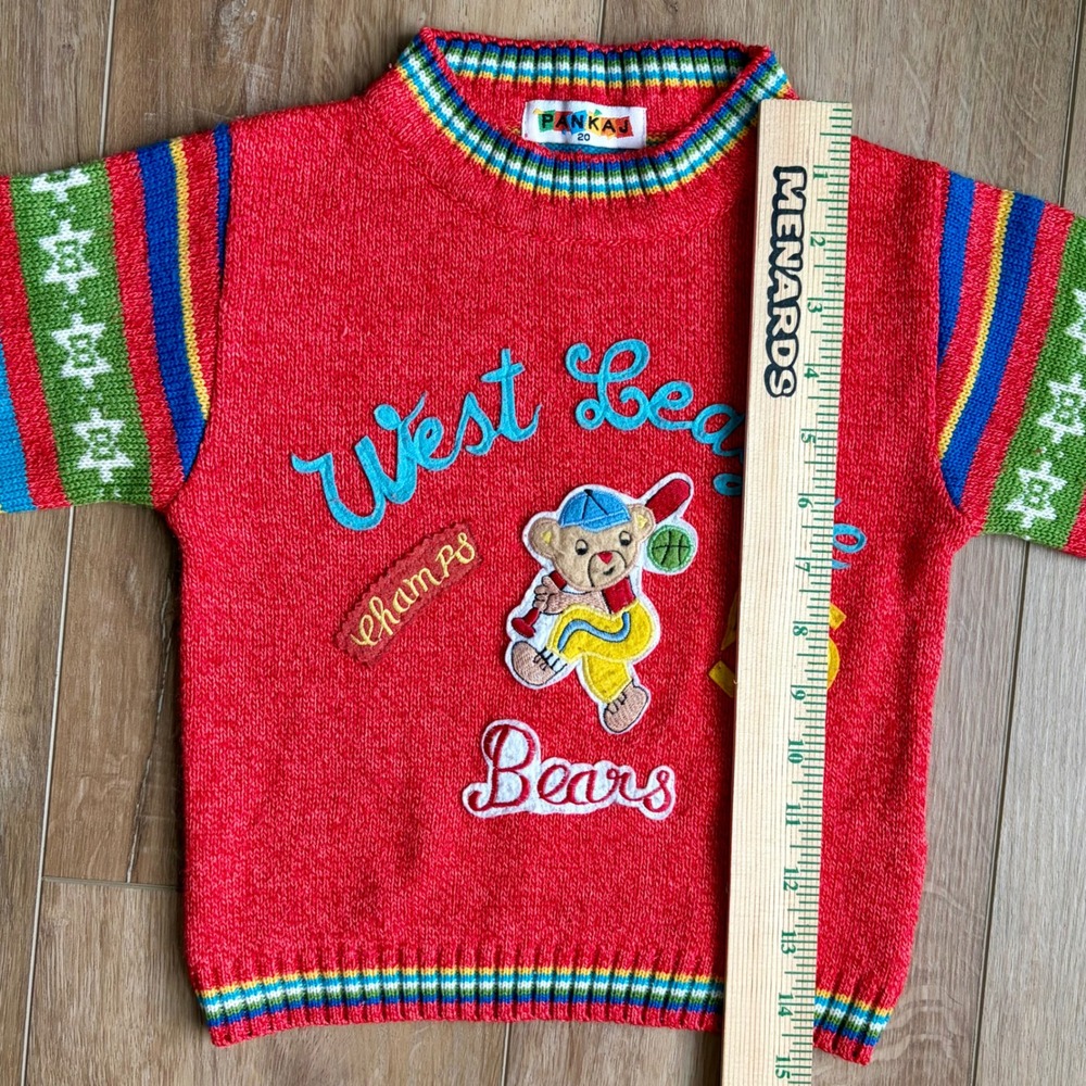 VTG Pankaj Kids 3T / 4T Sweater Red Teddy Bear Rainbow Striped Novelty Knit 90s - Picture 5 of 7